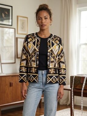 Zara Trafaluc Black Beaded Embroidered Geometric Jacket-Art to wear- Small